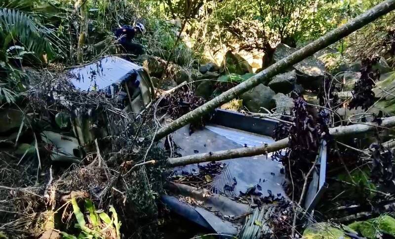 小货车坠谷多时，覆盖车子的枝叶都已干枯。（民众提供）
