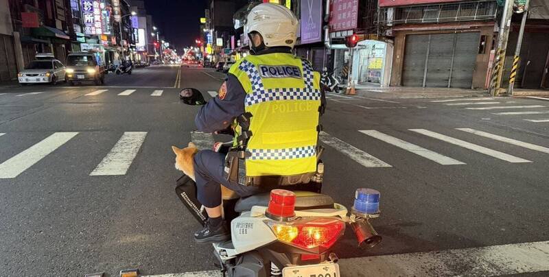 南门派出所员警载著迷途柴犬返回派出所。（图由嘉市警方提供）